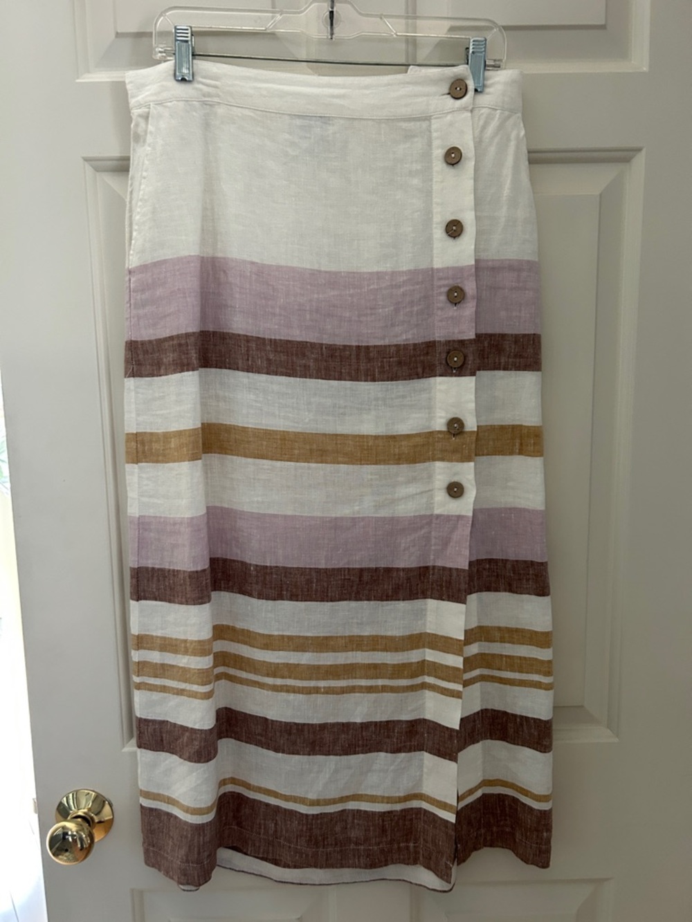 Rachel Zoe size L Striped Linen Midi Skirt in White, Lilac & Brown